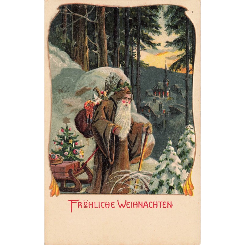 n°27679 - Carte Gaufrée - Fröhliche Weihnachten - Père Noël apportant des cadeaux dans la forêt