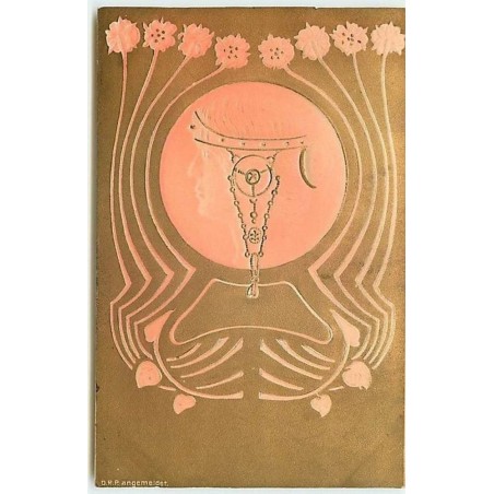 n°10321 - Carte Illustrateur Gaufrée - Art Nouveau - Femme dans un médaillon - Fonf doré/femme orange