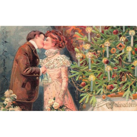 n°27680 - Carte Gaufrée - Noël - Fröhliche Weihnachten - Couple s'embrassant près d'un sapin
