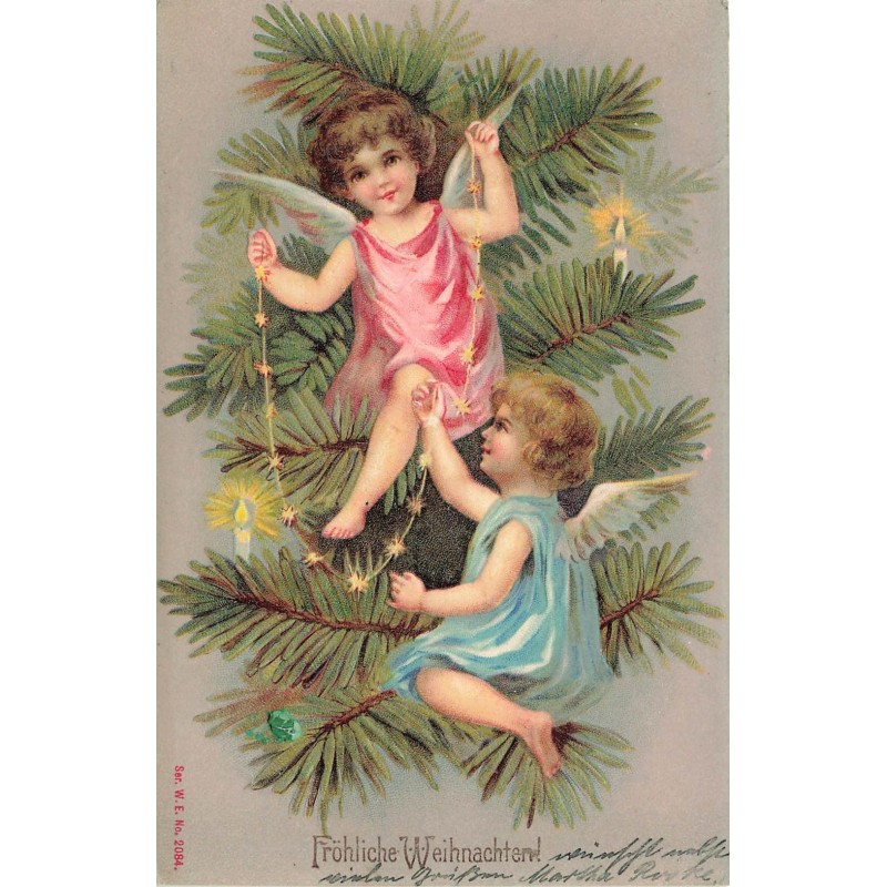 n°27682 - Carte Gaufrée - Noël - Fröhliche Weihnachten - Anges décorant un sapin