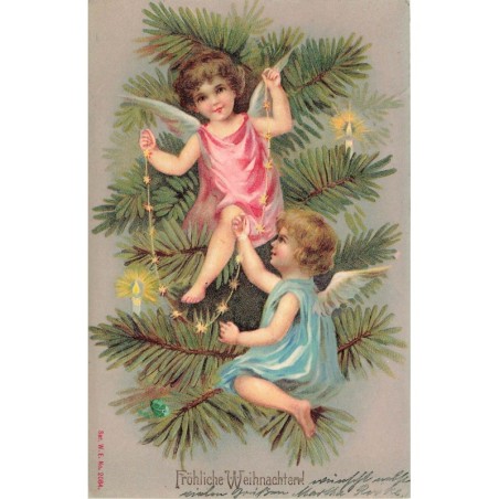 n°27682 - Carte Gaufrée - Noël - Fröhliche Weihnachten - Anges décorant un sapin