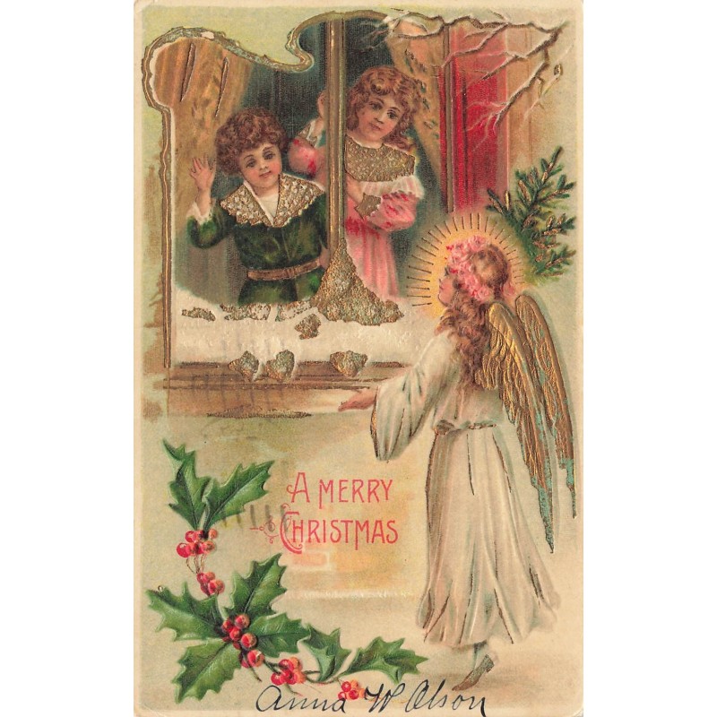 n°27686 - Carte Gaufrée - A Merry Christmas - Enfants regardant un ange gardien par la fenêtre