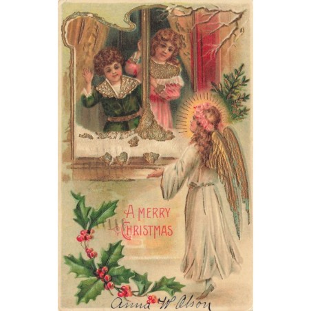 n°27686 - Carte Gaufrée - A Merry Christmas - Enfants regardant un ange gardien par la fenêtre