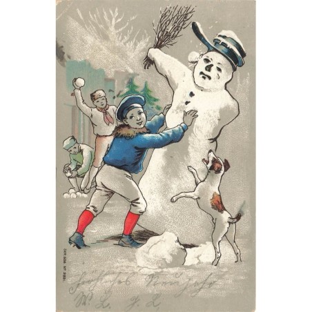 n°27687 - Carte Gaufrée - SER 608 n°2891 - Noël - Un garçon protégeant un bonhomme de neige