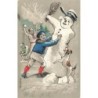 n°27687 - Carte Gaufrée - SER 608 n°2891 - Noël - Un garçon protégeant un bonhomme de neige