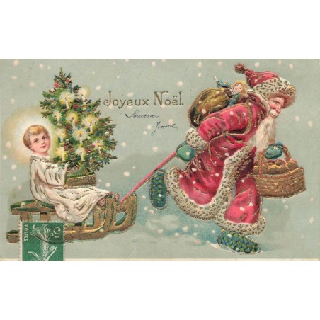 n°27689 - Carte Gaufrée - Joyeux Noël - Père Noël tirant une luge, avec un enfant assis dessus