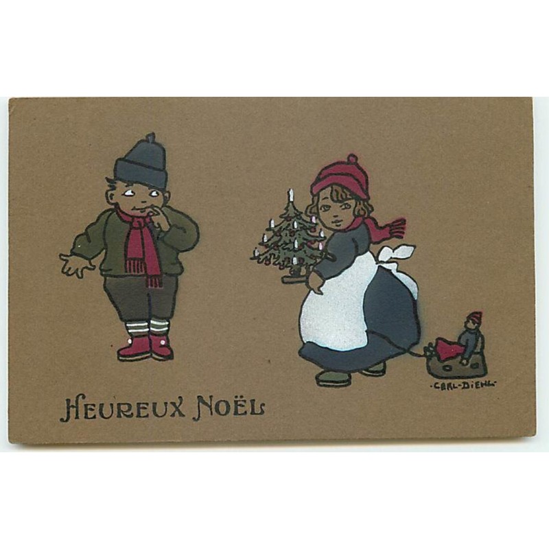 n°13137 - Heureux Noël - Couple d'enfant, la fillette apportant un petit sapin - Carl Diehl