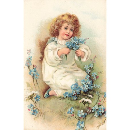 n°27697 - Fantaisie - Fillette avec un bouquet de myosotis