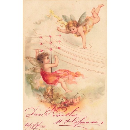n°27699 - Fantaisie - Clapsaddle - Anges jouant avec des fils électriques