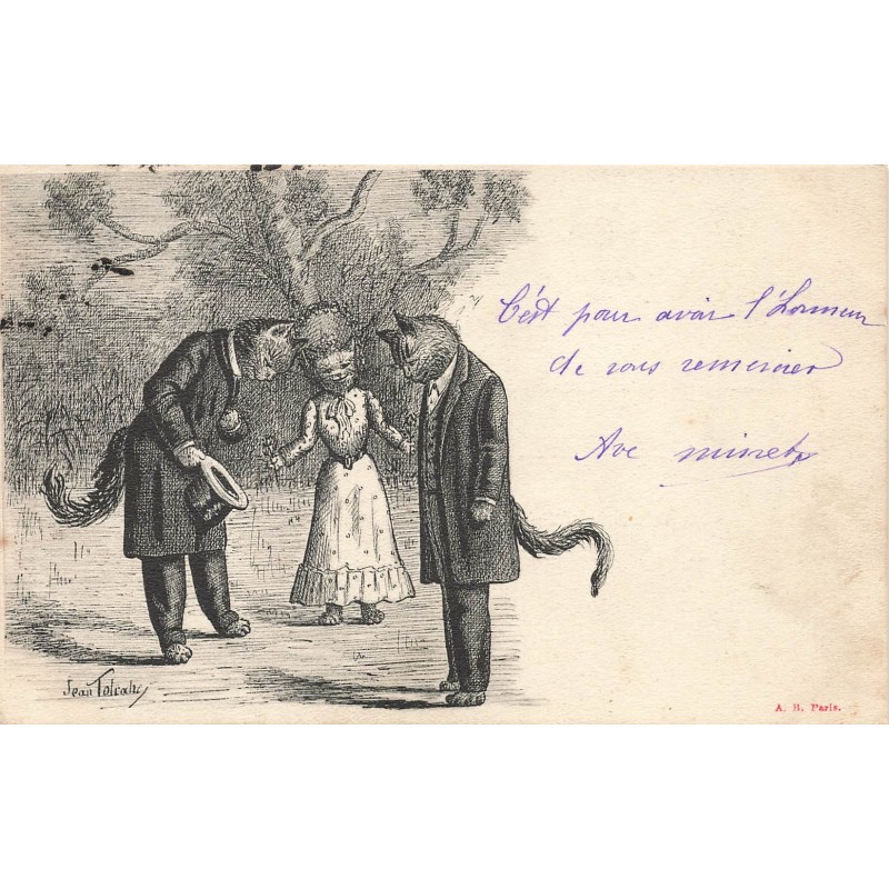 n°27702 - Illustrateur - Jean Tolroche - Deux chats habillés se saluant devant une chatte