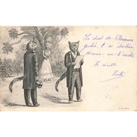 n°27703 - Illustrateur - Jean Tolroche - Deux chats habillés, l'un lisant, devant une chatte