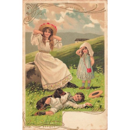 n°27709 - Illustrateur Mailick - Enfants et jeune fille dans un pré, avec un teckel