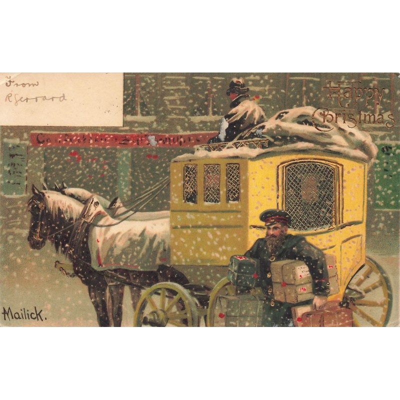 n°27711 - Carte Gaufrée - Mailick - Happy Christmas - Homme déchargeant les bagages d'une diligence