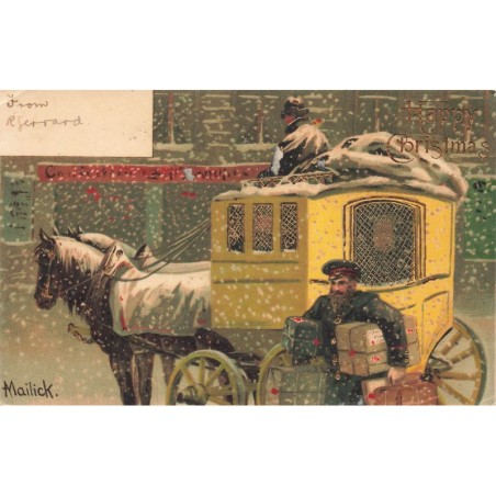 n°27711 - Carte Gaufrée - Mailick - Happy Christmas - Homme déchargeant les bagages d'une diligence