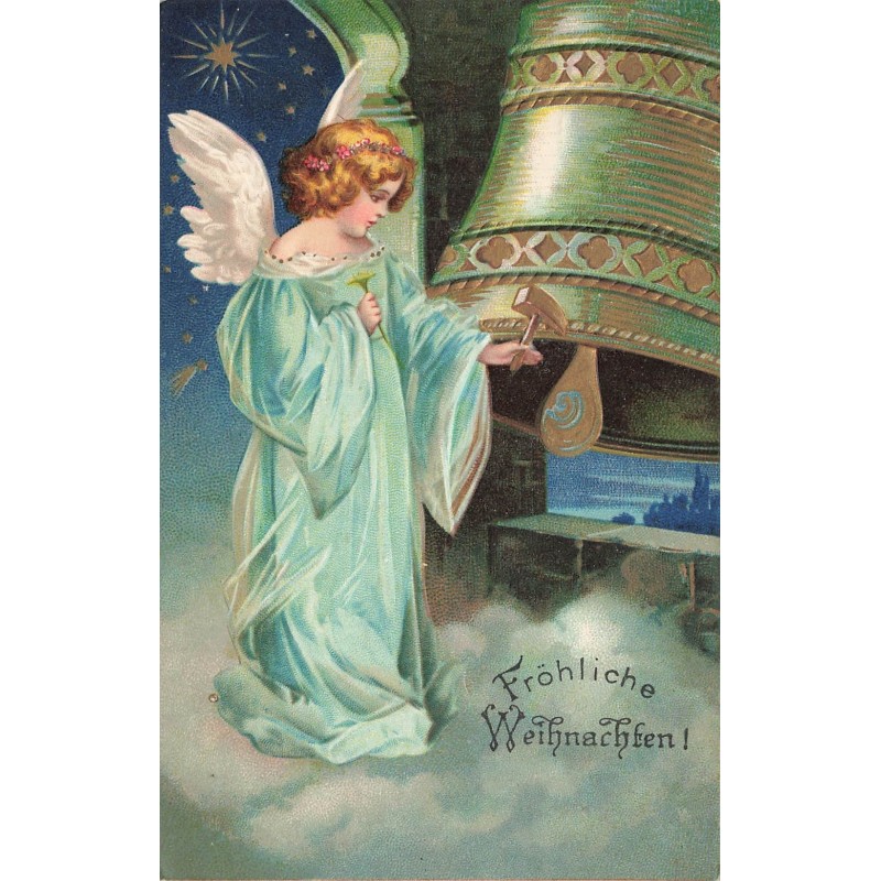 n°27713 - Carte Gaufrée - Clapsaddle - Fröhliche Weihnachten - Ange gardien frappant sur une cloche