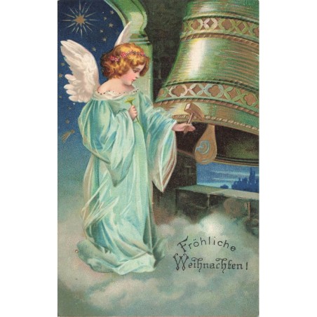 n°27713 - Carte Gaufrée - Clapsaddle - Fröhliche Weihnachten - Ange gardien frappant sur une cloche