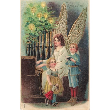 n°27714 - Carte Gaufrée - MSIB 13533 - Fröhliche Weihnachten - Enfants chantant accompagnés par un ange jouant du piano