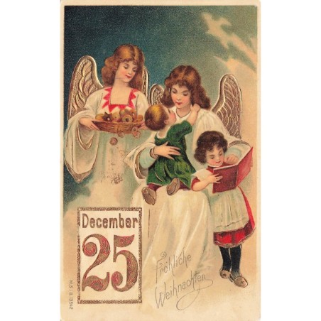 n°27715 - Carte Gaufrée - MSIB 13542 - Fröhliche Weihnachten - Anges gardiens câlinant des enfants