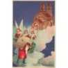 n°27717 - Carte Gaufrée - Fröhliche Weihnachten - Anges suivant un Père Noël portant un sac sur le dos
