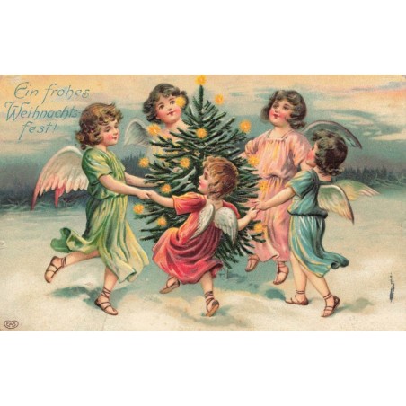 n°27719 - Carte Gaufrée - Ein Frohes Weihnachts fest - Anges dansant autour d'un sapin