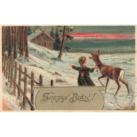 n°27720 - Carte Gaufrée - Sretan Bzic - Fillette tenant une biche, en lui montrant une maison