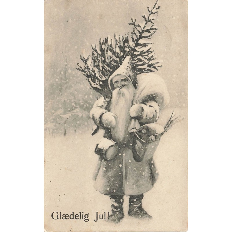 n°27721 - Noël - Glaedelig Jul - Père Noël apportant des jouets et un sapin, sous la neige