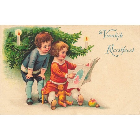 n°27722 - Vroolijk Kerstfeest - Enfants près d'un sapin, la fillette lisant avec un our en peluche - Teddy Bear
