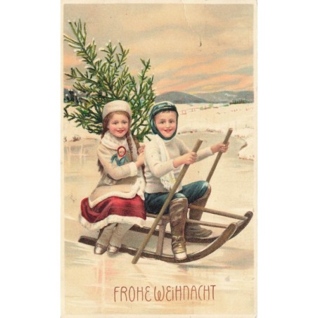 n°27725 - Noël - Frohe Weihnacht - Jeune couple sur une luge apportant un sapin