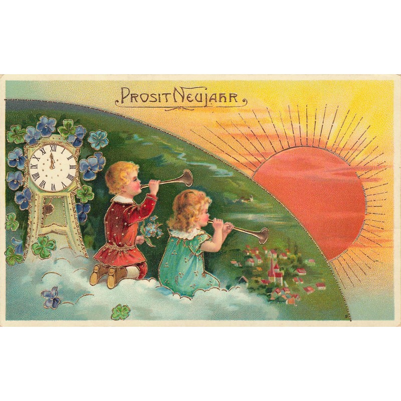 n°27730 - Prosit Neujahr - Enfants jouant de la musique pour le soleil couchant