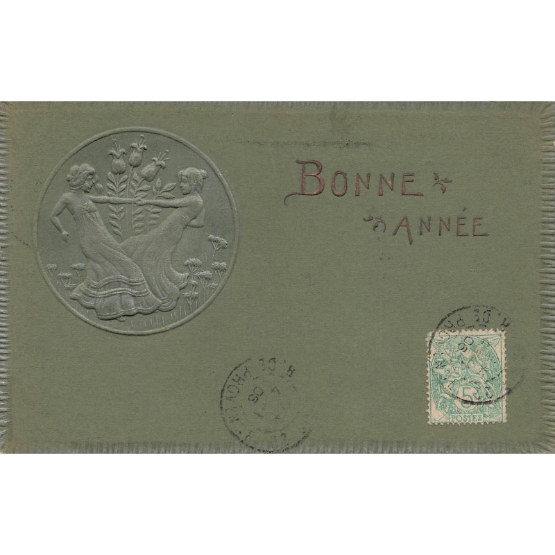 n°27734 - Carte Gaufrée - Art Nouveau - Bonne Année - Femmes se tenant par les mains devant un champs de blé