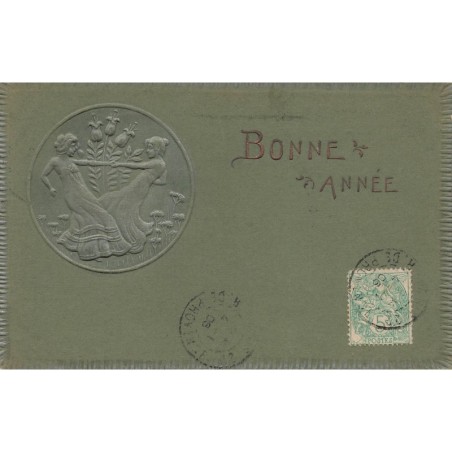 n°27734 - Carte Gaufrée - Art Nouveau - Bonne Année - Femmes se tenant par les mains devant un champs de blé