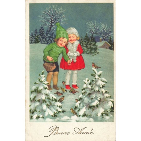 n°27735 - Flatscher - Bonne Année - Enfants donnant à manger à des oiseaux