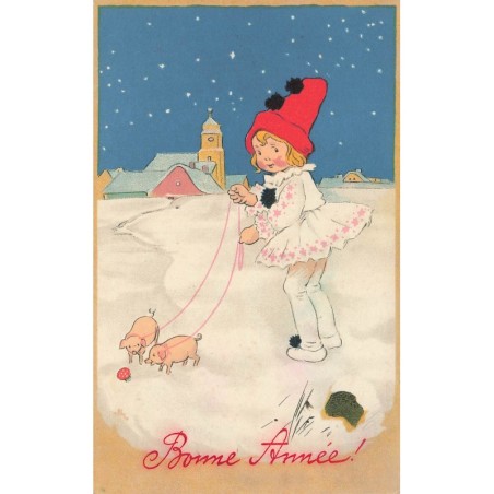 n°27736 - Baumgarten - Bonne Année - Fillette promenant des petits cochons