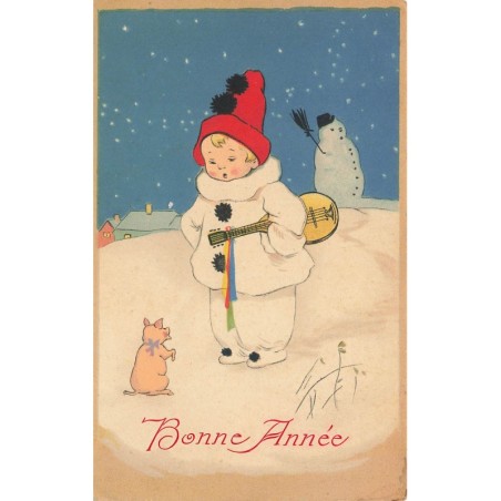 n°27737 - Baumgarten - Bonne Année - Garçon tenant une mandoline, regardant un cochon
