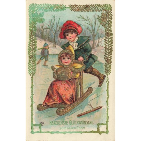 n°27739 - Carte Gaufrée - Nouvel An - Fillette assise sur une luge