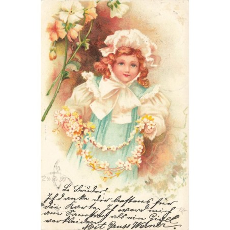 n°27747 - Fantaisie - Clapsaddle - Fillette tenant une guirlande de fleurs