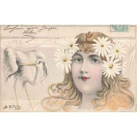 n°27754 - Art Nouveau Patella - Portrait d'une jeune femme avec des marguerites dans les cheveux, échassier