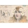 n°27754 - Art Nouveau Patella - Portrait d'une jeune femme avec des marguerites dans les cheveux, échassier