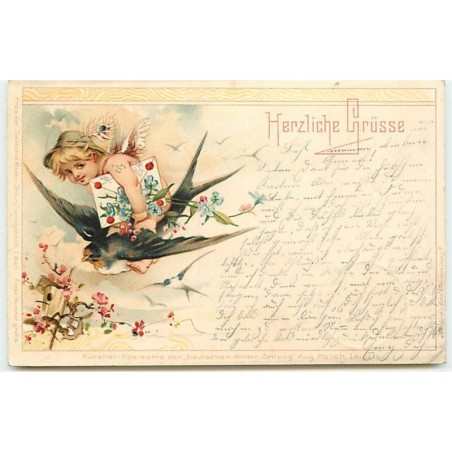 n°13148 - Herzliche Grüsse - Angelot sur une hirondelle apportant une lettre