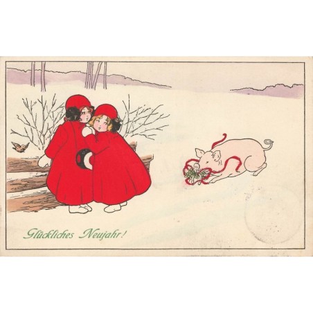 n°27760 - Illustrateur MM Vienne n°403 - P. Ebner - Glückliches Neujahr ! - Fillettes ayant peur d'un cochon