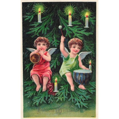 n°27762 - Carte Gaufrée - Noël - Fröhliche Weihnachten - Anges jouant de la musique dans un sapin