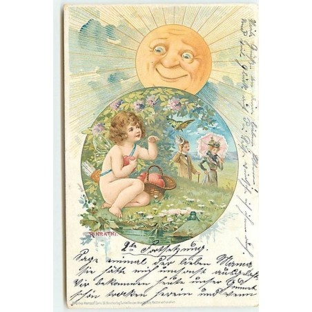 n°13153 - R. Kratki - Cupidon jouant avec un papillon - Soleil humanisé