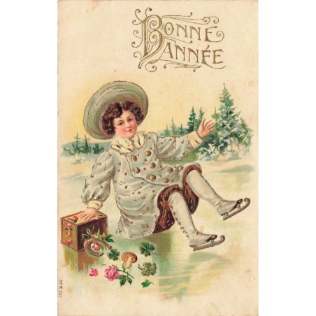 n°27766 - Carte Gaufrée - SER 222 - Bonne Année - Jeune fille tombant en faisant du patins à glace
