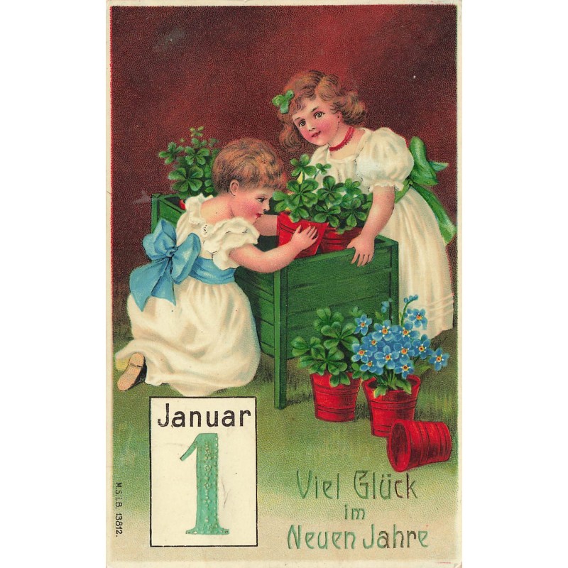 n°27767 - Carte Gaufrée - MSIB 13812 - Nouvel An - Fillettes plantant des trèfles et des myosothis