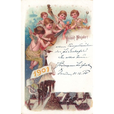 n°27768 - Nouvel An - Prosit Neujahr 1901 - Anges jouant de la musique au-dessus d'un village