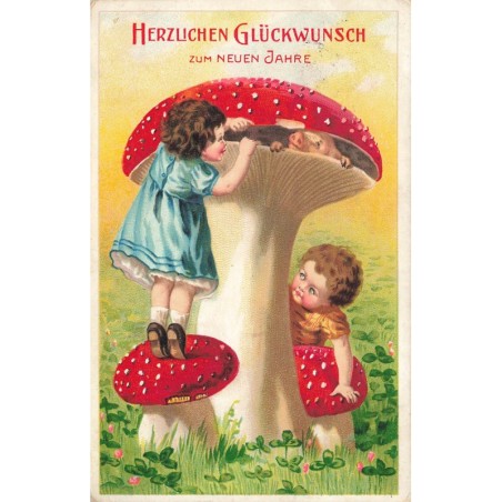 n°27771 - Nouvel An - Enfants cherchant un cochon dans un champignon