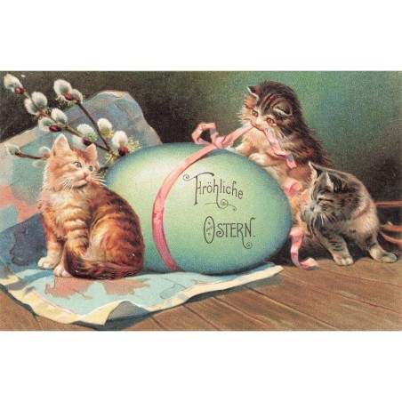 n°27777 - Carte Gaufrée - Pâques - Fröhliche Ostern - Chatons jouant avec le ruban d'un oeuf - chat - cat