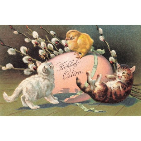 n°27778 - Carte Gaufrée - Pâques - Fröhliche Ostern - Chatons autour d'un poussin sur un oeuf - chat - cat