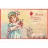 n°27779 - Carte Gaufrée Russe avec Paillettes - Pâques - Jeune fille montrant un oeuf à un mouton