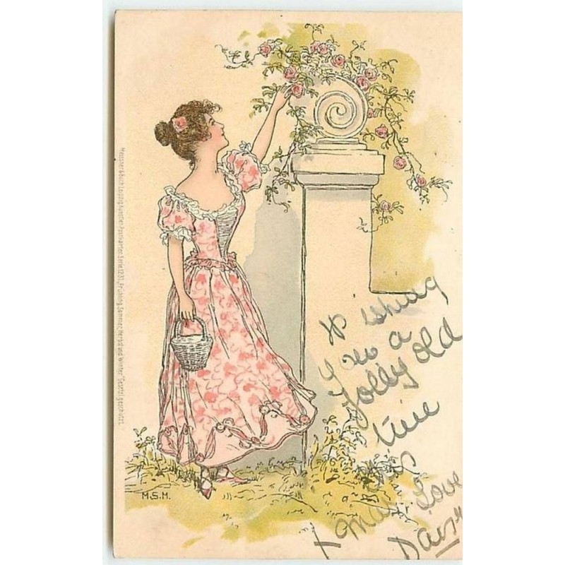 n°10322 - Carte Illustrateur - MSM - Meissner serie 1231 - Femme cueillant des rose